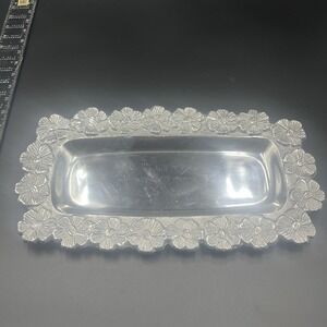IHI Serving Tray Plate Pewter Metal Rectangle With Flower Rim Accents